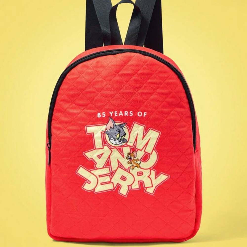 TOM & JERRY X Letter Print Red Backpack, Casual Quilted Stitched Backpack
